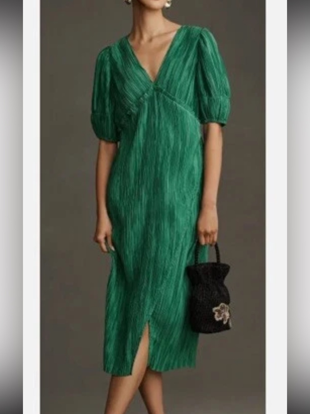 Anthropologie Emerald Green V-Neck Midi Dress with Puff Sleeves
